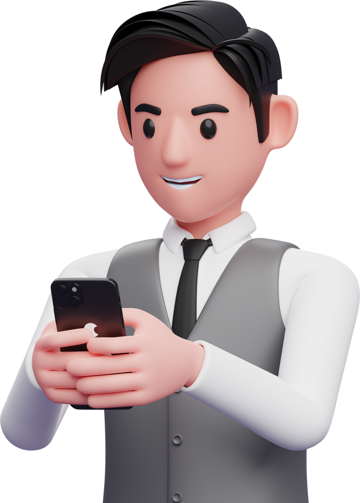 close up of busy businessman in gray office vest typing message with cell phone, 3d illustration of businessman using phone